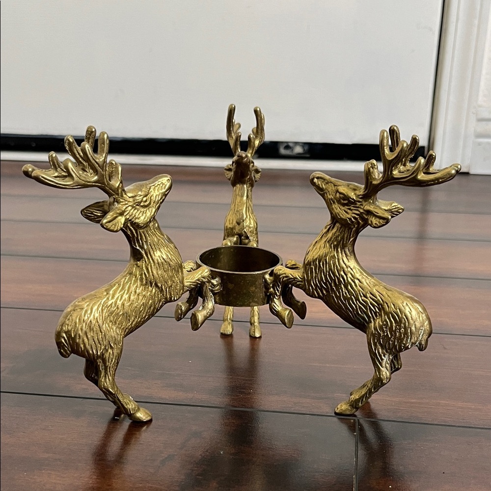 Vintage‎ Mid Century Brass 3 Reindeer Pillar Candle Holder